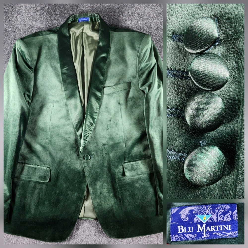 Blu Martini Mens Velvet Tuxedo Blazer Jacket Green Satin Shawl Lapel XL Party